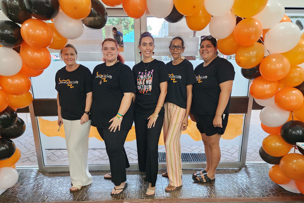 The Literacy for Life team (from left) Mossman campaign project officer Skye Bickford, Mossman facilitator Kapreece Swindley, Cairns CPO Georgia McGrath, Mossman campaign coordinator Jody Wallace and Mossman facilitator Dakota Bowen. Picture: Gary ‘Gazza’ McIlroy