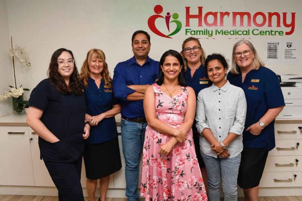 The Harmony Family Medical Centre team (from left) Natalie Strange, Laurel Mezei, Dr Gagandeep Rajpal, Dr Rajlakshmi Rajpal, Gabrielle Cashmore, Dr Harshani Jayawardana and Tina Elmer. Picture: Supplied