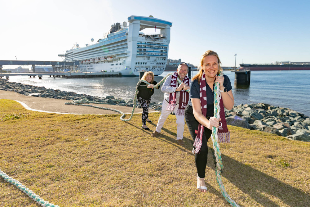 Cairns tourism operators welcoming the Pacific Encounter (L-R) Tina and Rory Murphy - Hummers and Harley attraction and Nikki Giumelli - Bad Fishy Jet Boats Cairns