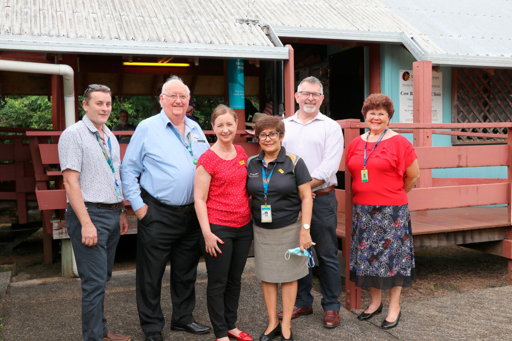 Main image caption: Mossman Hospital Director of Nursing, Peter LeGriffon, Cairns and Hinterland Hospital and Health Service (CHHHS) Chairman Clive Skarott, Cow Bay Primary Health Clinic Director of Nursing Michele Lamond, Douglas Shire Mayor Michael Kerr and CHHHS representative Robyn Boundy.