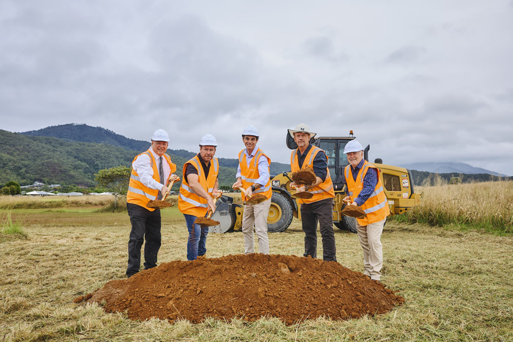 Turning the sod at Ingenia Lifestyle Kō’s site were (from left) Cr Brett Moller, Civil Walker Consulting Engineers director Daryl Walker, Ingenia Communities Queensland head of development Adam Forrester, FGF Developments operations manager Brendan Rogina and Member for Mulgrave Terry James. Picture: Supplied