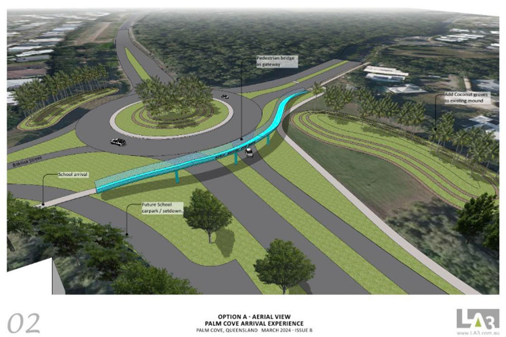 Artist’s impressions of the two options for the entrance statement for Palm Cove at Palm Cove Boulevard, one showing a pedestrian overpass. Pictures: LA3