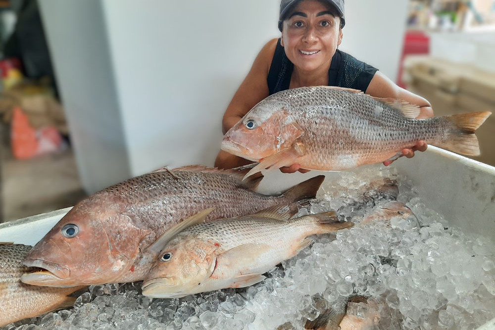 Saliha Rooney with some of her product at the Gulf Line Fisheries’ shop, Bungalow. Picture: Supplied