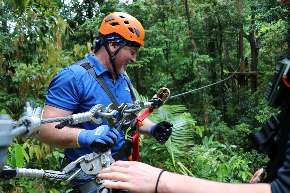 Douglas Shire Mayor Michael Kerr geared up for the opening of Treetop Adventures in Cape Tribulation