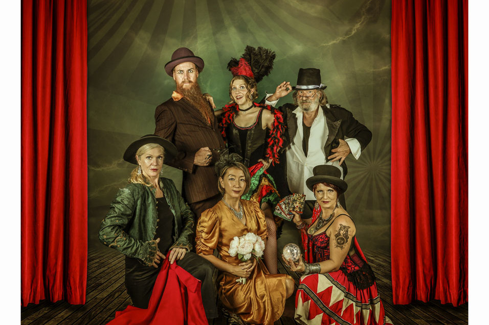 The Great Médecin Travelling Show cast (from left, rear) Zachary Barclay, Maya Thiango Hassall and Guillaume Willem Brugman and (front) Catherine Hassall, Miyako and Ola Adamczyk. Pictures: Supplied