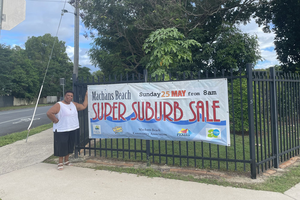Machans Beach Community Association president Letitia Choppy counts down the days until 2025’s Machans Beach Super Suburb Sale event on Sunday, May 25. Picture: Isaac Colman