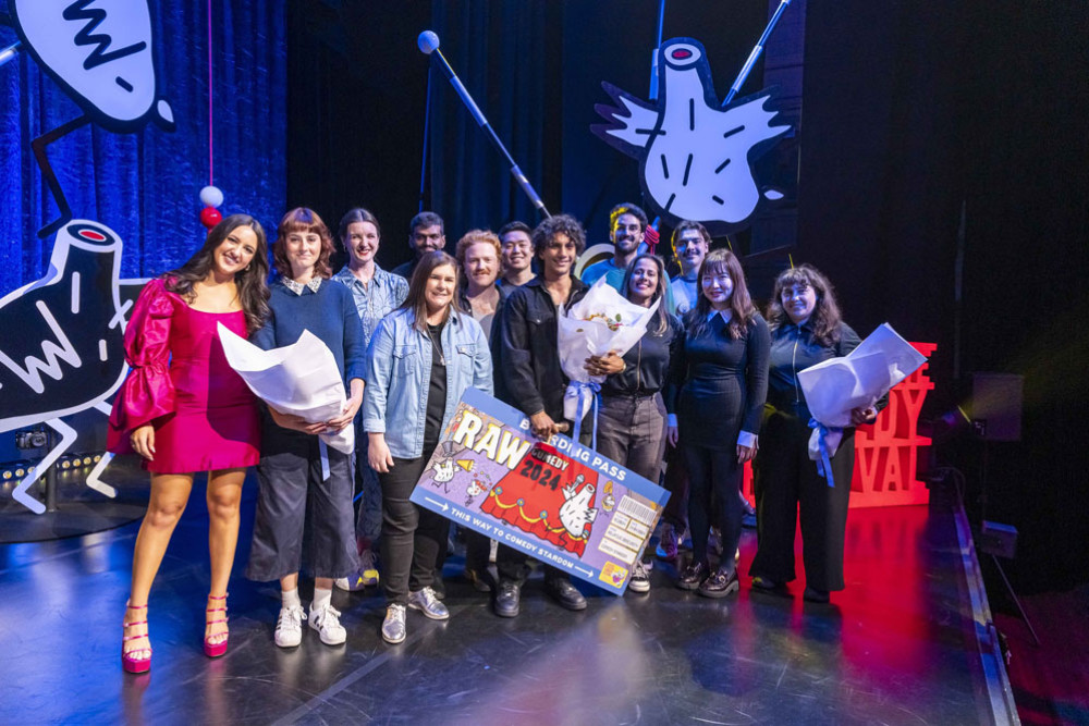 2024 RAW Comedy national competition Omar Gad (centre) from the Northern Territory. Picture: Supplied