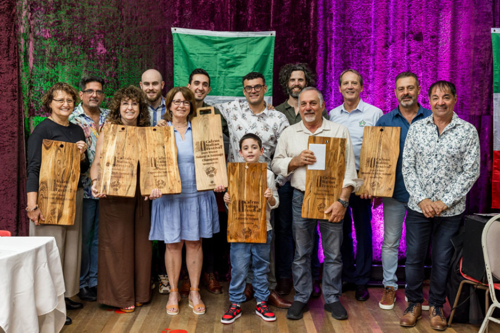 At the Salami and Sausage Festival were (from left) northern style winner Rena Ceola, no style winners Lui and Pam Garozzo, and Damian Garozzo-Vaglio, capocollo salami winner Antonella Avolio, David Garozzo-Vaglio, Massimo Heilbronn with the culatello salami award, Cairns Italian Festival president Claudio Di Bartolomeo, salsiccia salami winner Anthony Galeano, judges Dave Cann, Luigi Borgo and Angelo Aurelio and former president Steve Cordenos.  Picture: Jon Westaway