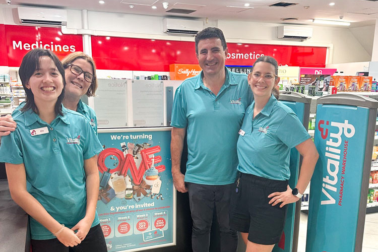 Pharmacy assistants Ella Lee and Jeree Ross, owner and pharmacist Nick Loukas and student pharmacist Abril Libarona.