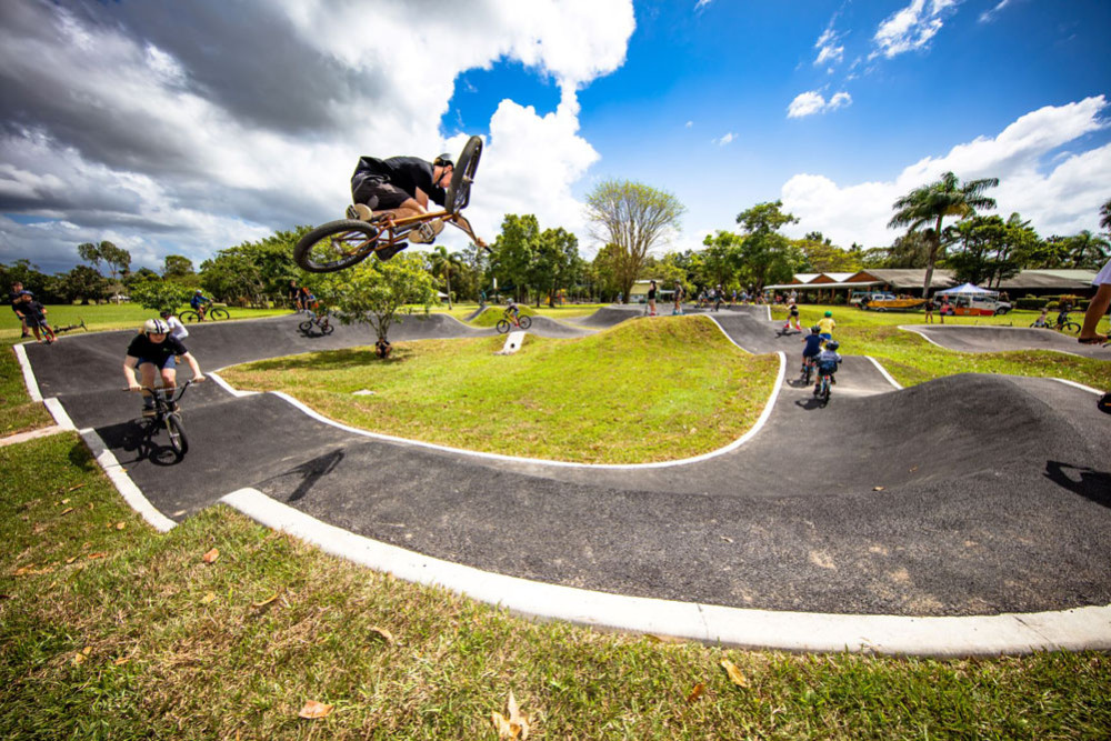 Riders get some air at the Warrina Lakes pump track that opened last weekend.