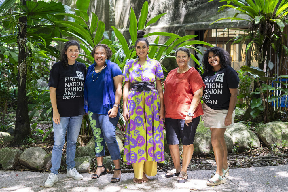 Grace Lillian Lee, founder of First Nations Fashion Design (left), designer Lisa Lui, model Gillyba Ambrum, CIAF’s fashion coordinator Lynelle Flinders and Jamaylya Ballangarry-Kearins from FNFD. Picture: Supplied