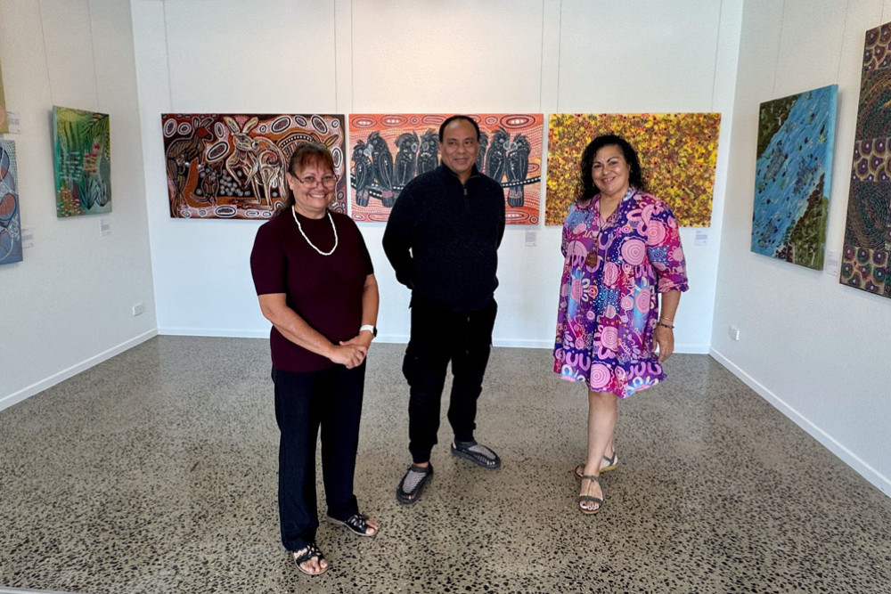 Freshwater Saltwater artists Kassandra Savage, Robert Tommy Pau and Erin Jia. Pictures: Supplied