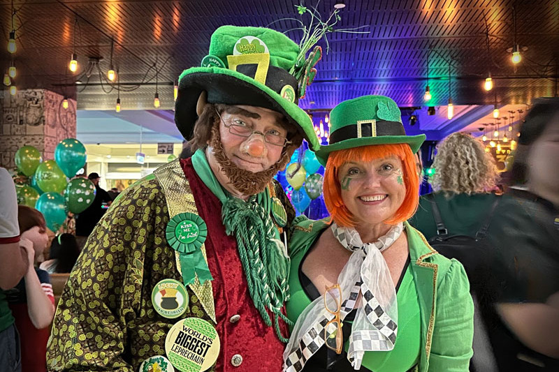 Roving characters Slip Ripley and Rachel Bradley at the 2023 St Paddy’s Party. Picture: Supplied