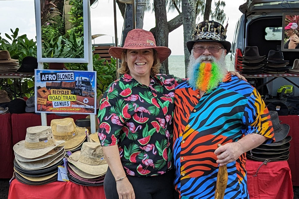 Fiona with the best hats at Palm Cove Markets