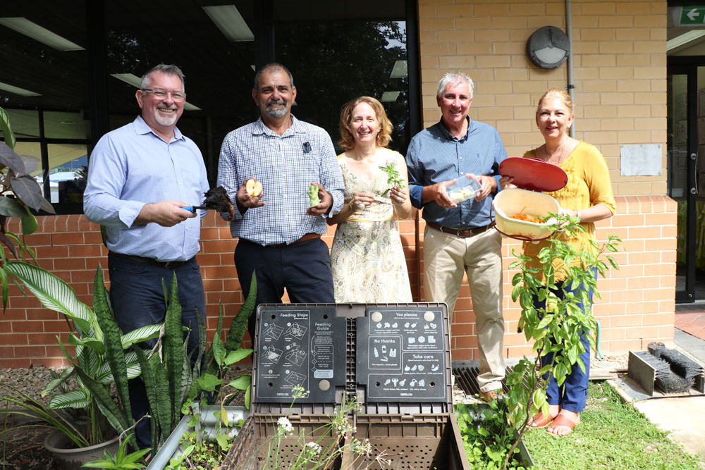 Douglas Shire Mayor Michael Kerr and Councillors Roy Zammataro, Abigail Noli, Peter McKeown and Lisa Scomazzon launching the Love Food Hate Waste program.