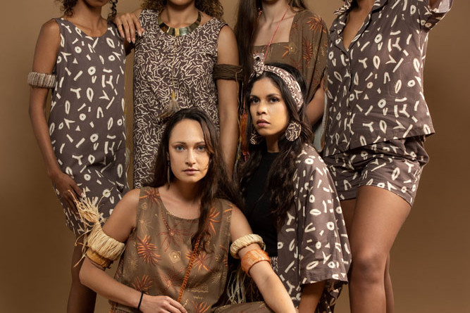 Back row (from left) Loretta Messa, Sarah Eggmolesse, Nardia Blackhall and Amariah Savage. Front row (from left) Tanika Parker and Lynette Gee Gee wearing garments from Jedess Hudson’s collection. Pictures: Veronica Sagredo, Blue Click Photography