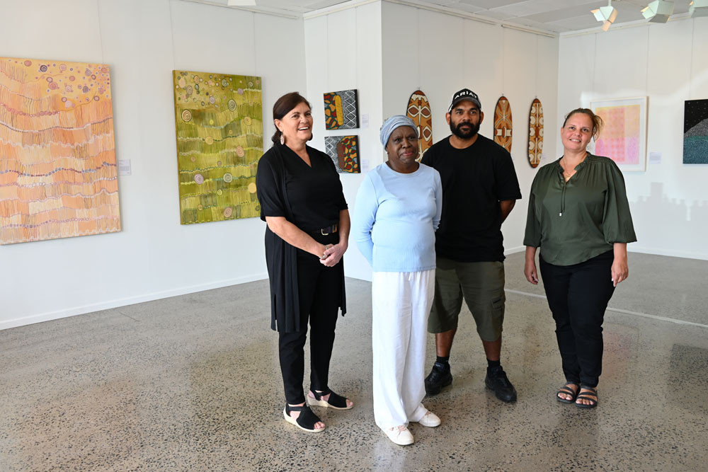 First Nations artists Connie Rovina, Marilyn Kepple, Anzak Newman, and UMI Arts artistic director Lisa Michl are showcasing their artwork at the 11th Freshwater Saltwater exhibition. Picture: Isabella Guzman Gonzalez
