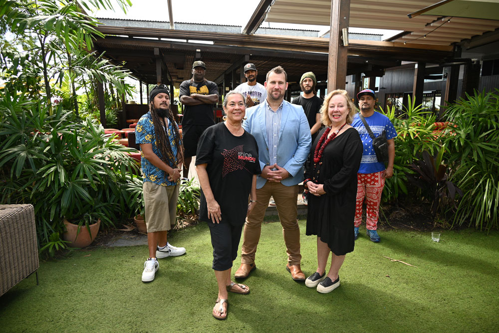 (Back row, from left) rapper B.S.K, Kaliku Man, T.R.U.T.H.H, Profit and Ijah Warburton from R.3.B. (front row) Shine on Gimuy cultural producer Lydia Miller, Queensland Music Festivals CEO Daryl Raven and Shine On Productions executive producer Merryn Hughes. Picture: Isabella Guzman Gonzalez