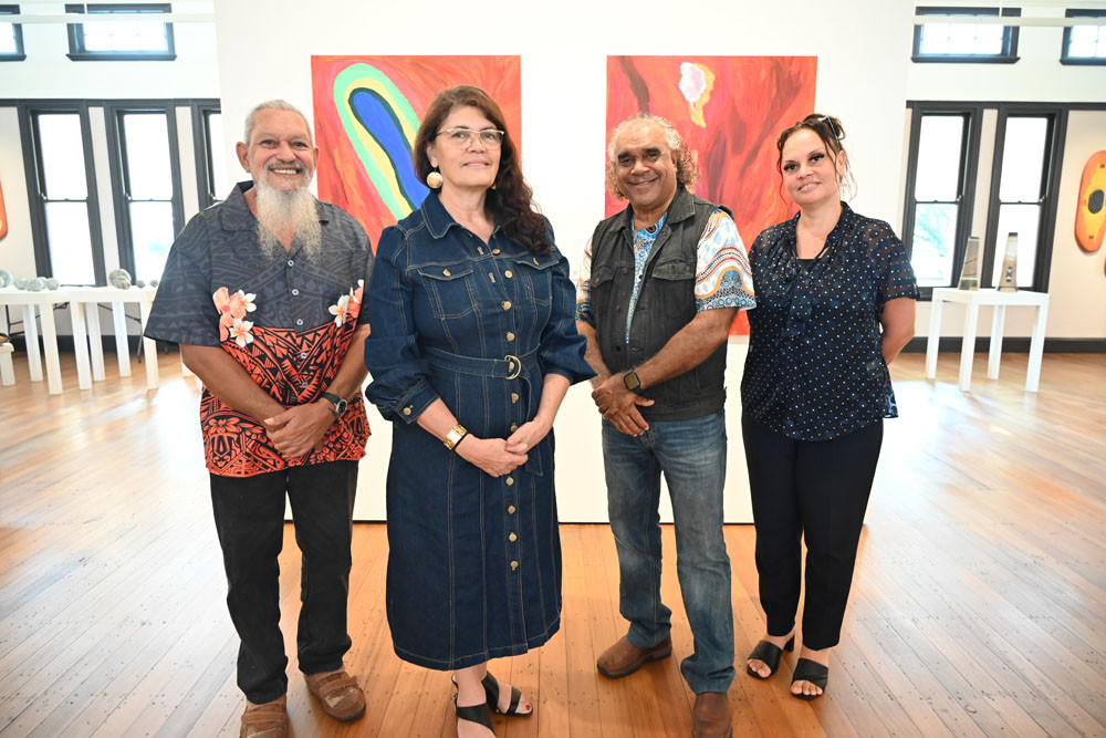 UMI chairwoman Connie Rovina (second from left) joins featured artists Kel Williams, Dr David Hudson and Lisa Michl Ko-manggén OAM at he exhibition. Picture: Lizzie Vigar