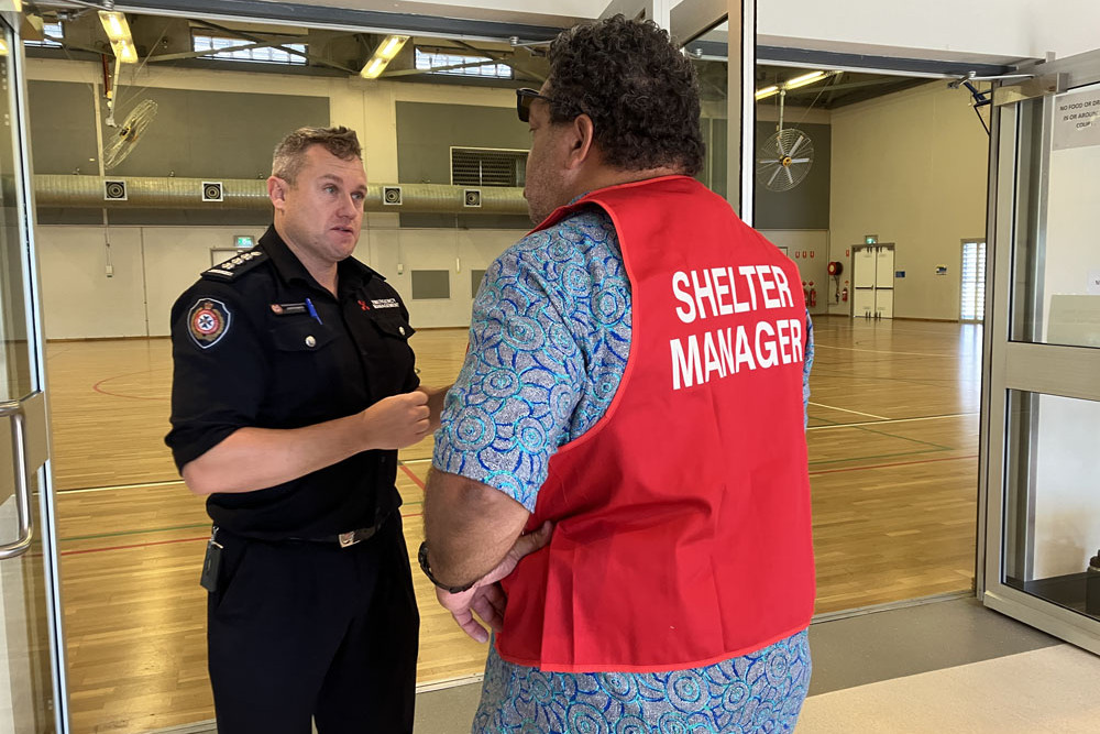 Queensland Fire and Emergency Services Justin Smith at Operation Eon – an emergency dress rehearsal at the Port Douglas Storm Tide Cyclone Shelter.