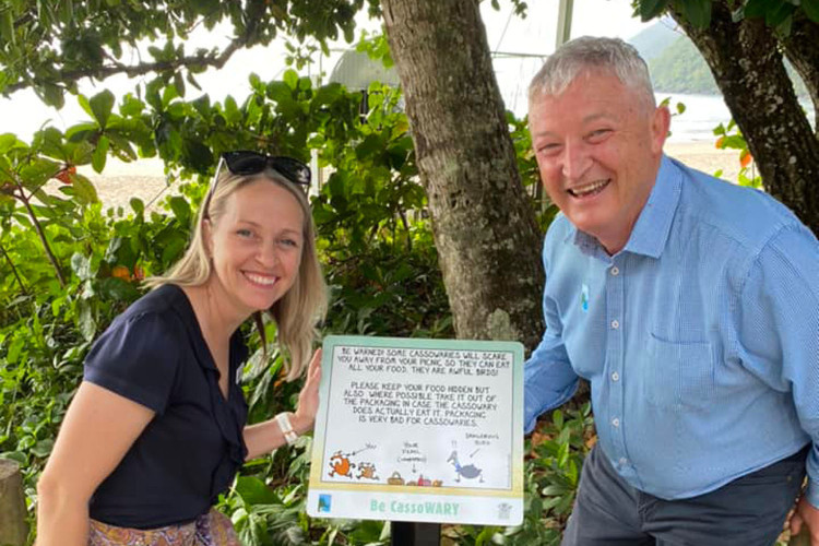 Councillor Jeff Baines and Councillor Renee McLeod with the newly launched cassowary signs.