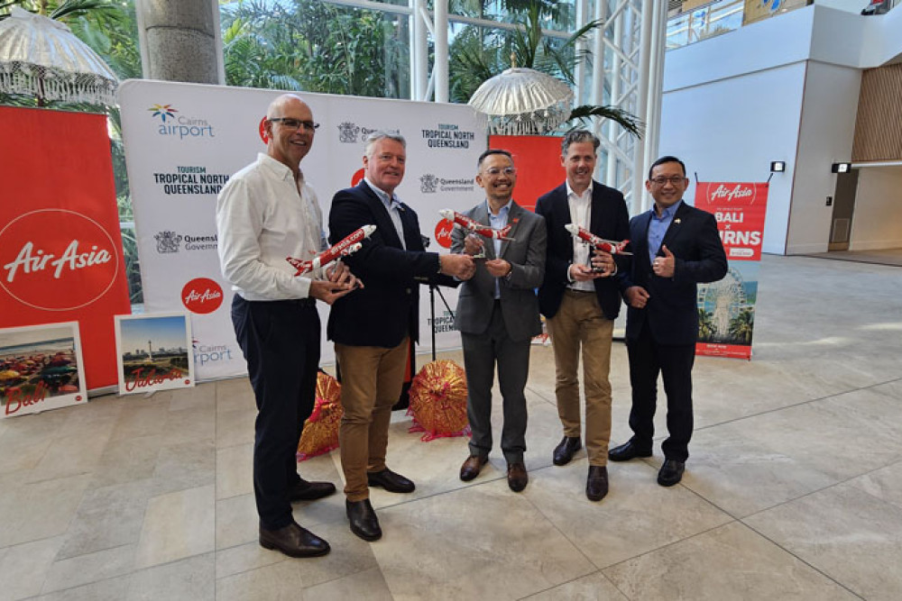 Cairns Airport CEO Richard Barker (left), Tourism Minister Michael Healy, Indonesia AirAsia spokesman Eddy Soemawilaga, Tropical North Queensland CEO Mark Olsen and Indonesian Consul General (Sydney) Vedi Kurnia Buana at the launch of AirAsia Indonesia’s Bali services last week. Picture: Nick Dalton