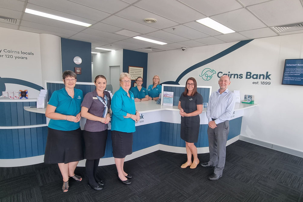 Pictured from left are Cairns Bank staff Janelle Townson, Cheslea Lampard, Leanne Bell, Tina Dillon, Kirsty Taylor-Smith, Tara Dixon and chief executive Peter Phillips. Picture: Nick Dalton