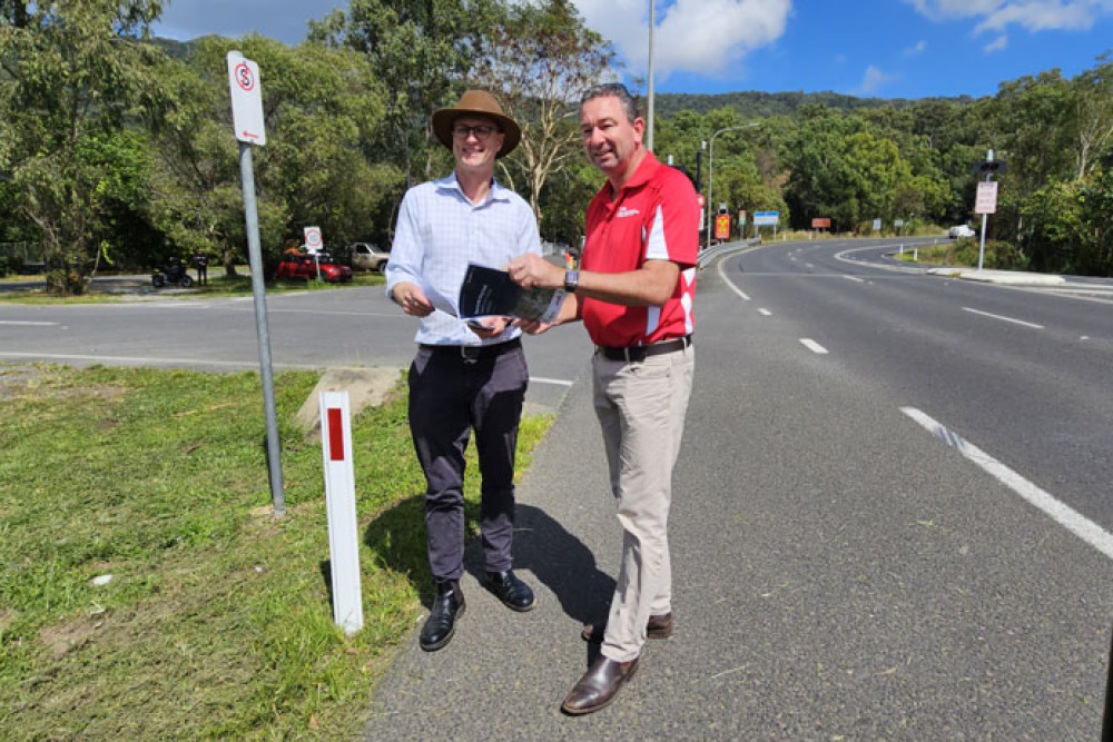 Transport and Main Roads Minister Bart Mellish (left) and Barron River MP Craig Crawford at the bottom of the Kuranda Range Rd at Smithfield. Picture: Nick Dalton