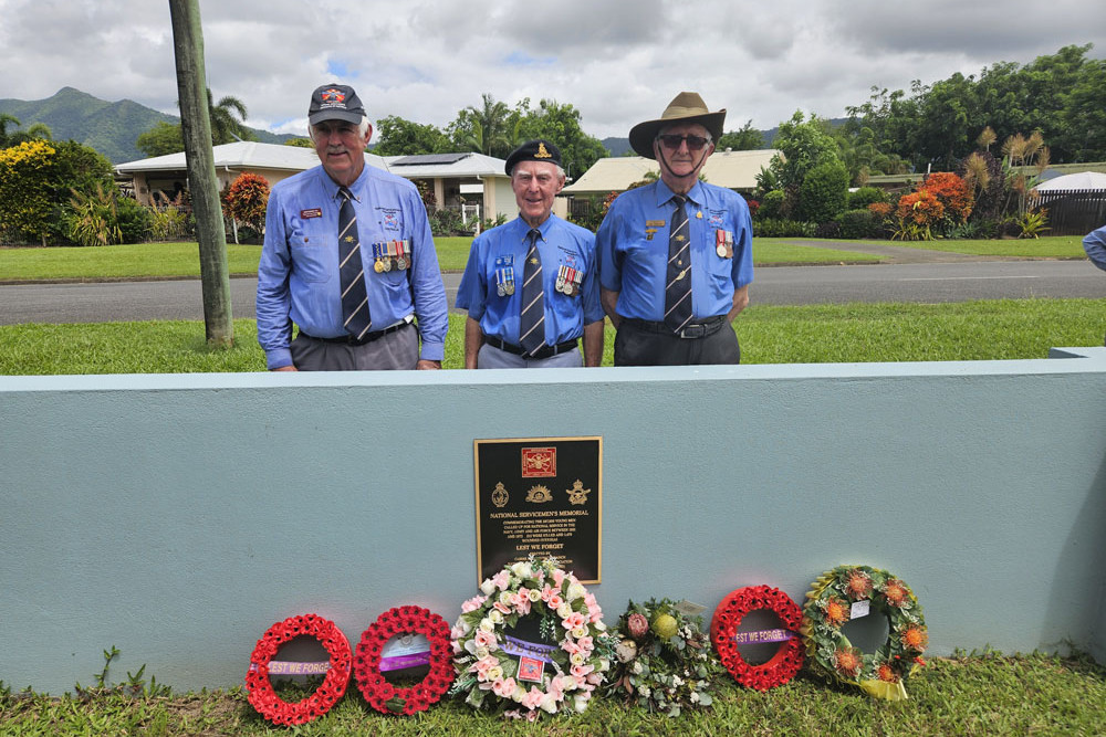 National Servicemen’s Association Tablelands branch president John Hardy (left), Cairns branch president Patrick Galwey and member John Wallwark, who unveiled the plaque at the Edmonton cenotaph. Picture: Nick Dalton