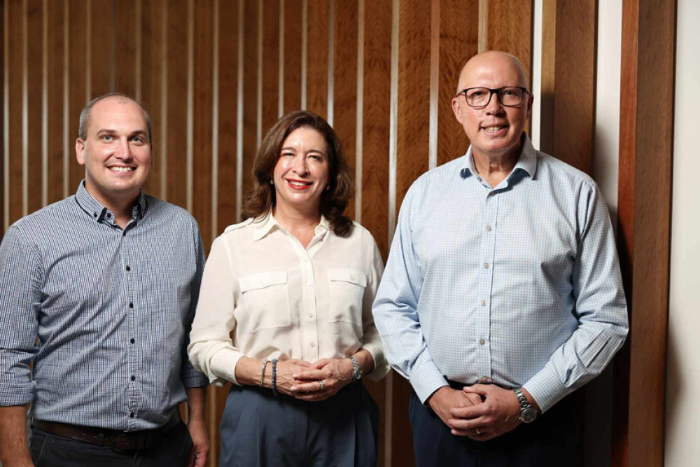 LNP’s Leichhardt candidate Jeremy Neal (left), LNP’s Northern Australia spokeswoman Susan McDonald and Opposition leader Peter Dutton at Cairns Airport last Saturday. Picture: Supplied