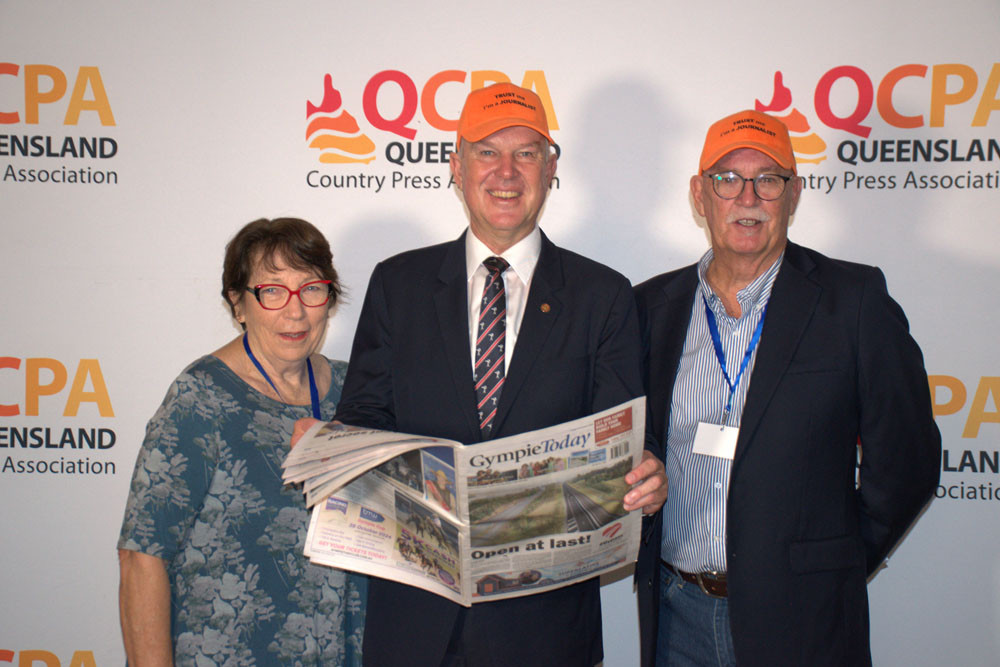 QCPA president Wendy Creighton (left), Agriculture Minister Tony Perrett and Gympie Today manager Andrew Guiver at the government advertising announcement.