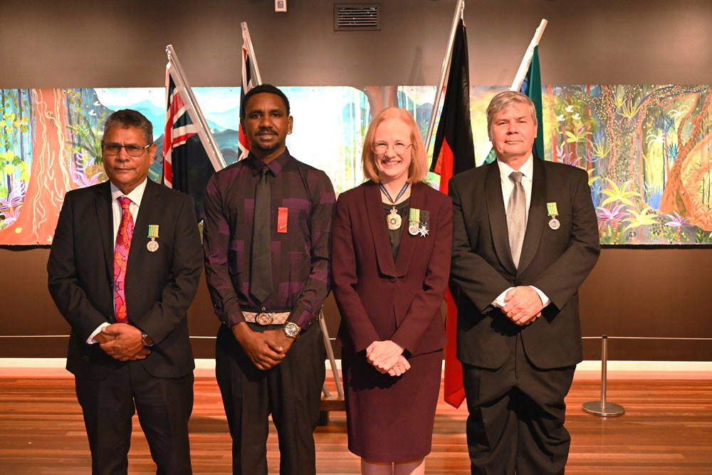 Awardees (from left) Gerald Paul Turbin (PSM), Michael Misi, Governor of Queensland Dr Jeanette Young and Andrew Pyke (PSM) at the Cairns Art Gallery on Wednesday this week Picture: Isabella Guzman Gonzalez