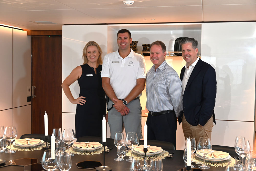 Superyachts Great Barrier Reef manager Jodie Growden (left), Morris Nautical CEO and captain of the M.Y. Northern Escape Sam Aldred, Ports North CEO Richard Stevenson and TTNQ CEO Mark Olsen on board the Northern Escape. Picture: Isabella Guzman Gonzalez