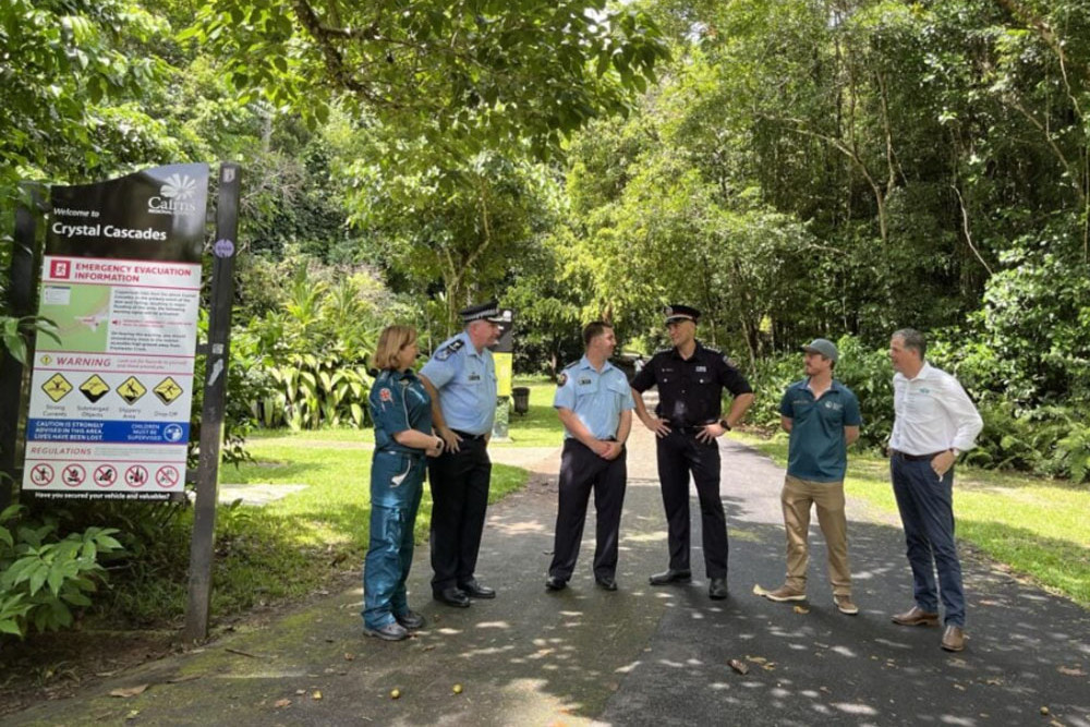 Jo Selby (ambulance) Superintendent Mick Searle (police), Chris Watts (SES), Acting Inspector Troy Hastie (fire), regional director Matthew Brien (QPWS) and Mark Olsen (TTNQ) at Crystal Cascades. Picture: Supplied