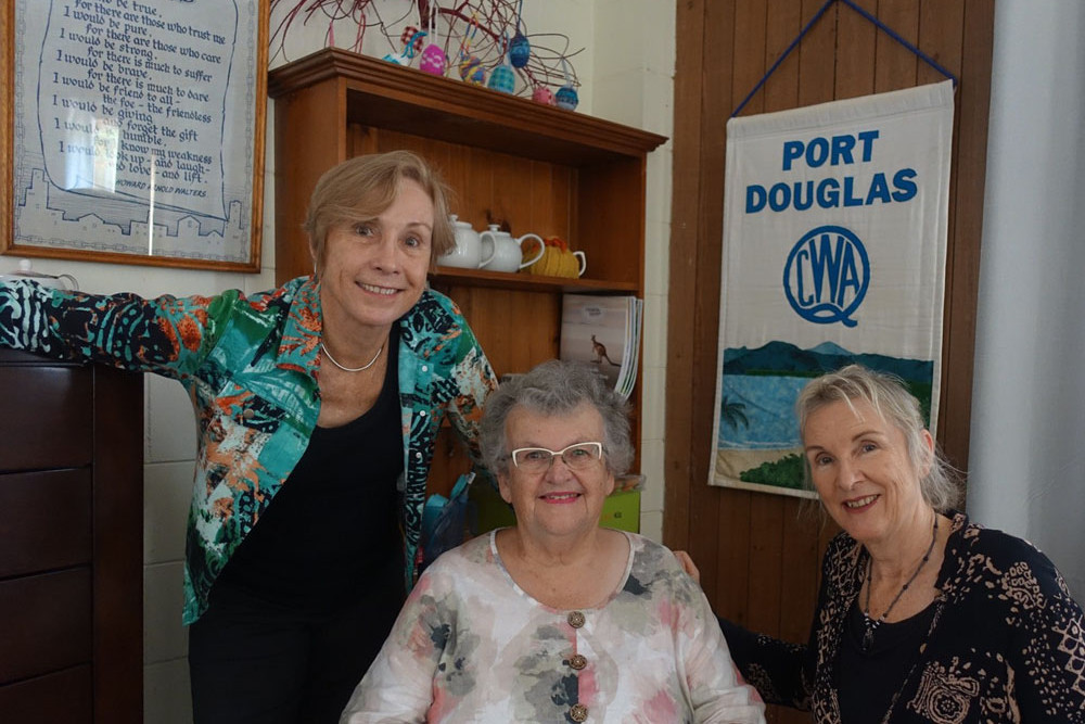 Playwright Angela Murphy, Rita Merrick from Port Douglas CWA, who was interviewed for More Than Tea and Scones, with actor Sarah Speller.