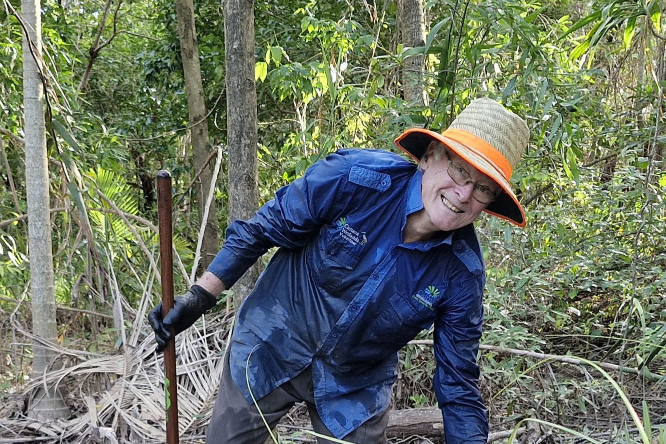Geoff McClure, a long-time Jabiru volunteer and crocodile expert, at the Cattana Wetlands. Inset: A new species of cockroach discovered at the wetlands – Carbrunneria cattana. Pictures: Supplied