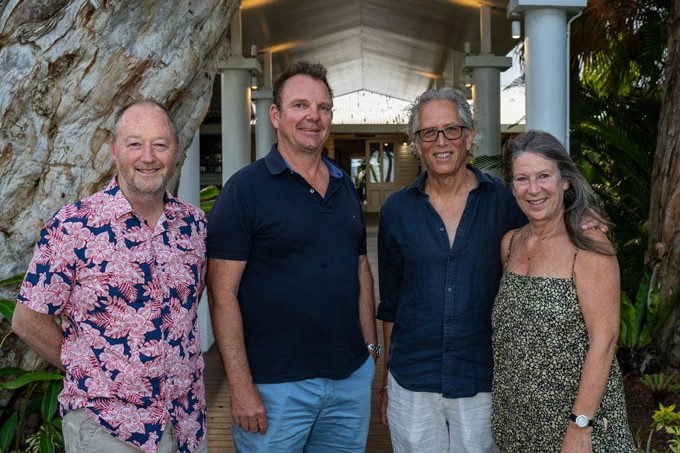 The Reef House owners Malcolm Bean and David Horbelt with Colin and Yvonne Sevitt. Colin’s parents Ron and Val opened Palm Cove’s first hotel in 1969 when they transformed a holiday home into The Reef House. Picture: Supplied