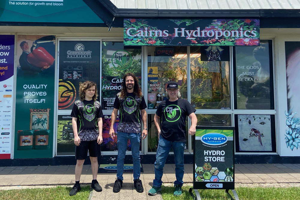 The team at Cairns Hydroponics are Kyall Mills (left), owner David Mills and Jim Holland.