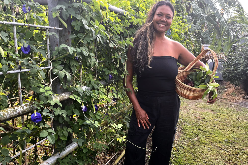 Samantha Martin at the bush tukka cultural hub on Quigley Street - a once cattle yard now transformed into a thriving native food garden and educational space. Picture: Lizzie Vigar