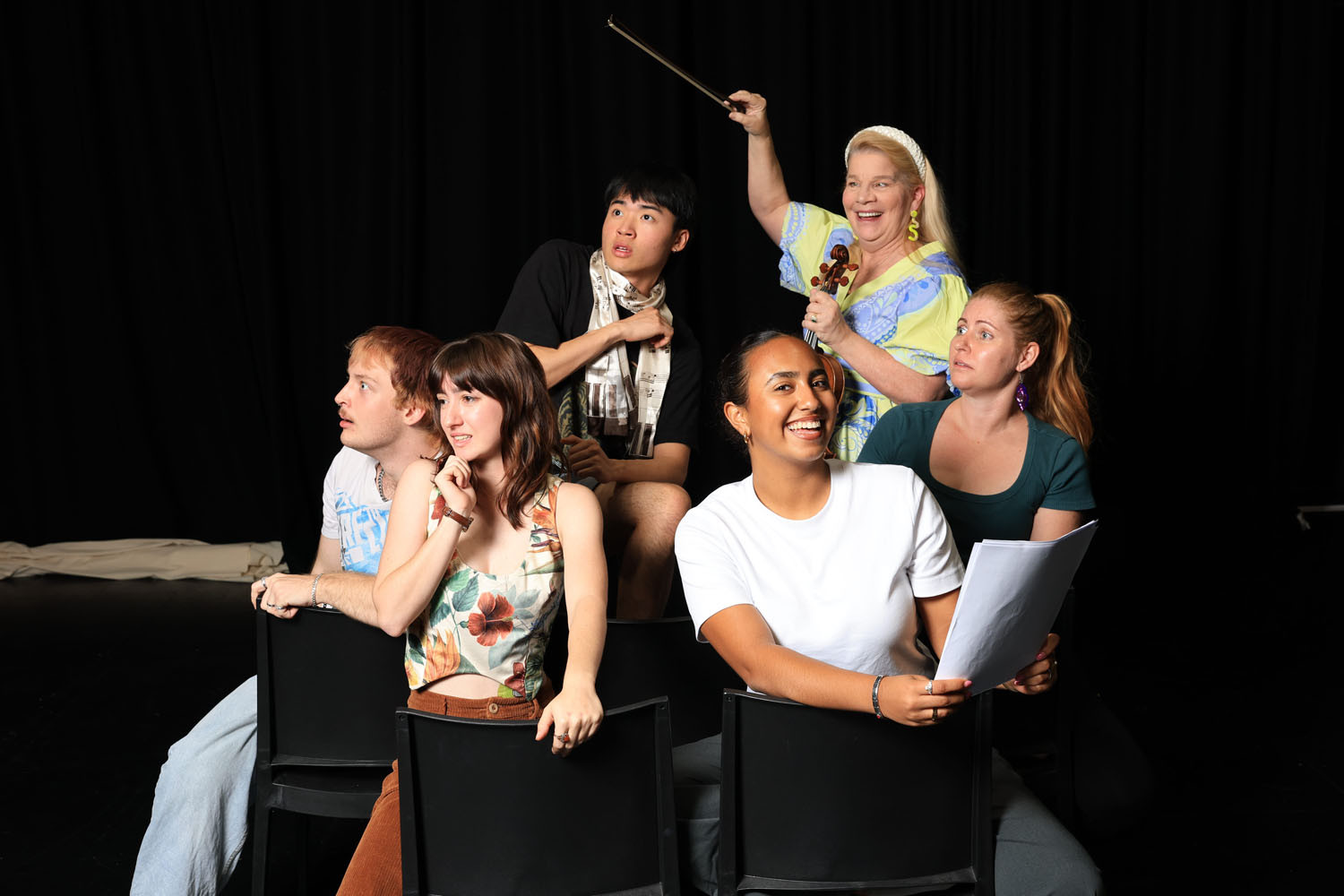 Actors (front, from left) Matt Raleigh Holmes, Grace Meyers, Amy Jones and Kimberley Greaves and (back, from left) Logan So (actor) and Kirtley Leigh (playwright). Picture: Paul Furse