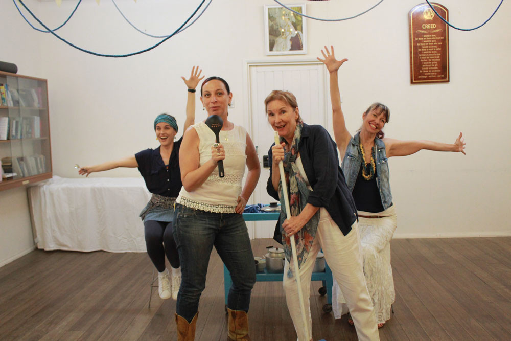 Liz Christensen, Roz Pappalardo, Sarah Speller and Natalie Taylor rehearse a scene from More Than Tea and Scones at the Freshwater CWA Hall. Picture: Isabella Guzman Gonzalez