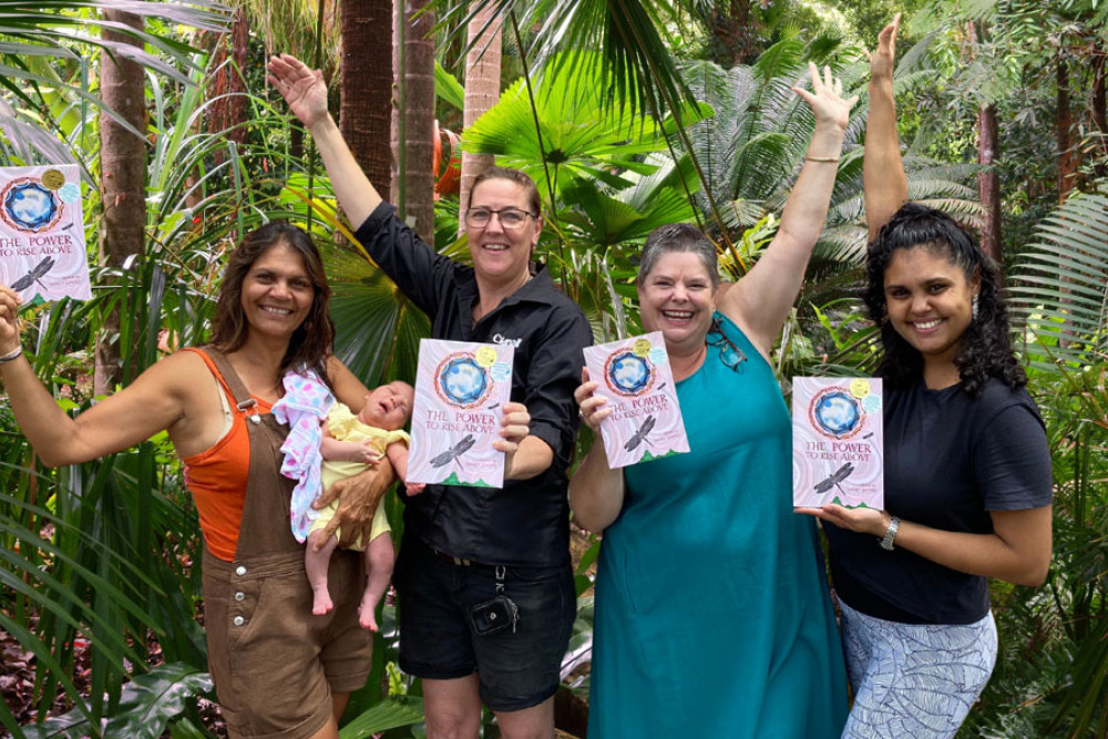 (L-R) Cover artist Sheryl J Burchill, Cover designer Sally Weavers, Concept Creator and Editor Sandy Davies and Co-author Tahlia Burchill-O’Brien Photo credit: Corey O’Brien