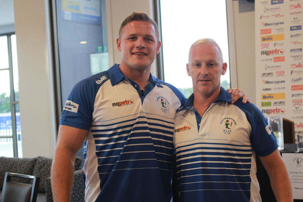 NRL champion George Burgess with Brothers Leagues Club head coach Tim Rumford. Picture: Isabella Guzman Gonzalez