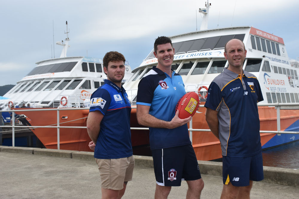 Centrals Trinity Beach Bulldogs women’s head coach Dan Smith (left), AFL Cairns general manager Craig Lees and Manunda Hawks head coach Wayne Siekman are excited for the launch of the 2024 AFL Cairns fixtures. Picture: Isabella Guzman Gonzalez