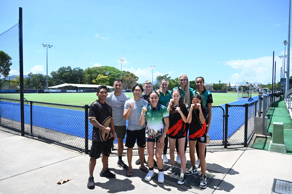 Cairns athletes gearing up for the NQ Games, (from left, back row) Elie Award from Evolve Boxing, Tyrin Hannah from Do It Boxing, Ella Sheppard, Charlotte Jonsen and Ciarn MacBride from Cairns Netball. (Front row), Vincent Lacandula from Freedom Boxing, Hung Phan from Evolve Boxing, NQ Games ambassador and boxer Leah Reuben, Thalia Mundraby and Astar Braden from Do It Boxing. Picture: Maddy Gavin