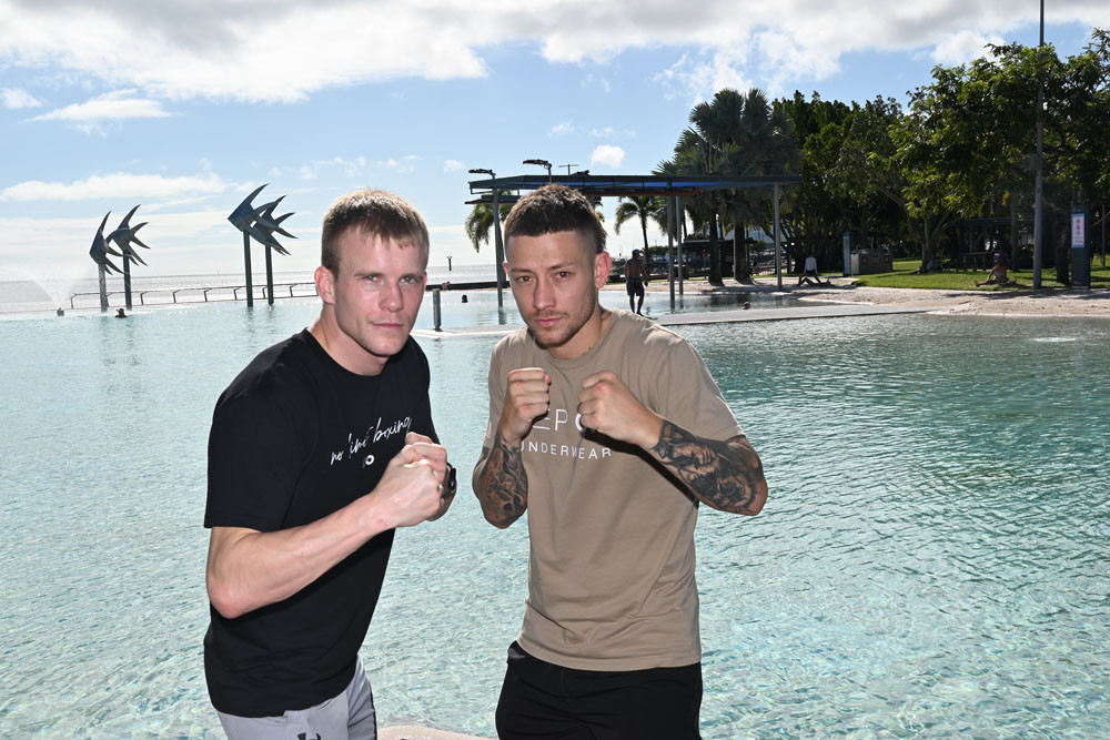Liam Wilson (left) and Liam Paro at the Esplanade Lagoon promoting their fights at the Cairns Convention Centre on June 25. Picture: Isabella Guzman Gonzalez