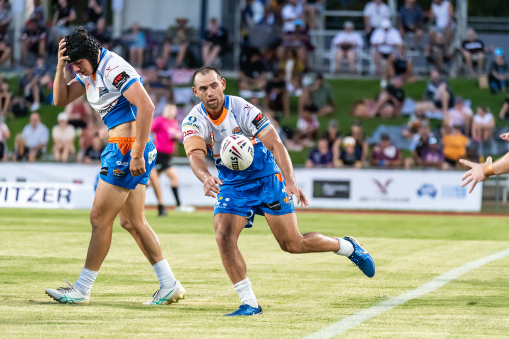 Northern Pride’s fullback Seamus King-Smith in control of the footy in the trial match against PNG Hunters.