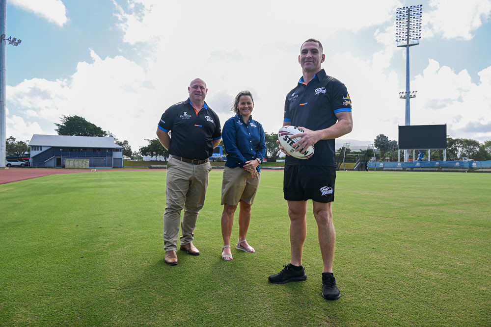 Northern Pride CEO Garreth Smith, board member Kym McPhee-Smith and new BMD Premiership coach Colin Wilkie. Picture: Isabella Guzman Gonzalez