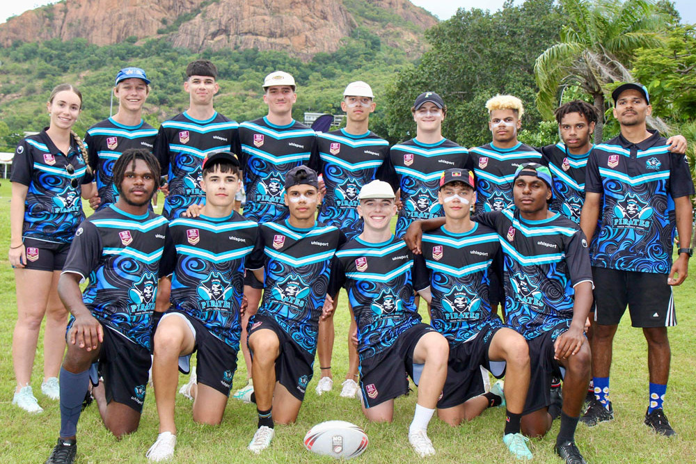 The Cairns Pirates under-18 team. Back row, from left, Brooke Knight (coach), Jesse Ziegler, Brodie Myers, Nash Coghlan, Logan Deloryn, Lucas Lane, Ellyjah Birvé, Anakin Fell, Jonah Pau (coach). Front row, from left, Yagan Jacob, Ky Stammers, D’Artanyan Connolly, Billy Helion, Ashton Wone, Alfred Mosby. Picture: Supplied