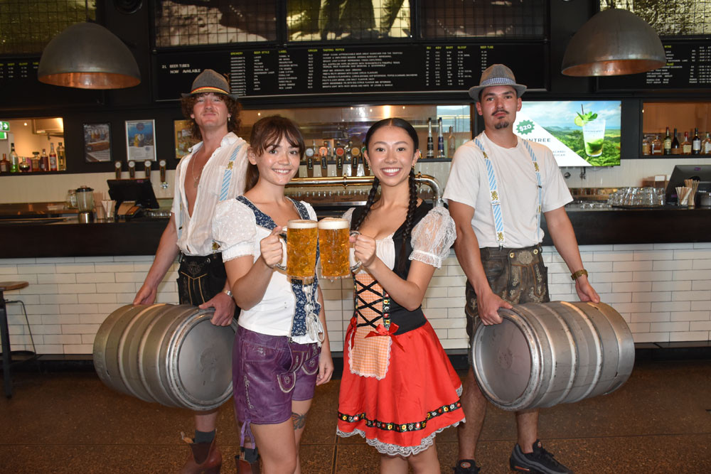 Jayke Mellows (left) Katie Asher, Lisa Krause, and Finley Hopson get into the Oktoberfest spirit. Picture: Isabella Guzman Gonzalez
